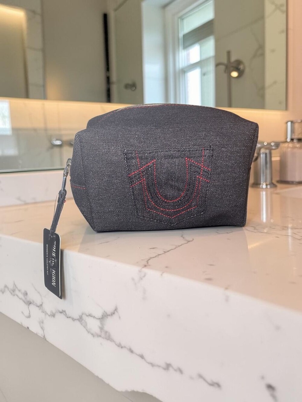 True Religion Black Denim Toiletry Pouch with Red Stitching